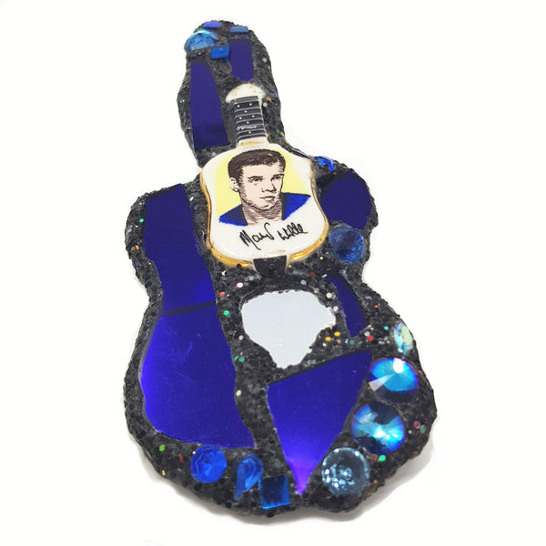 ANDREW LOGAN BLUE GUITAR BROOCH, featuring Marty Wilde guitar, blue mirror, crystals and glitter.