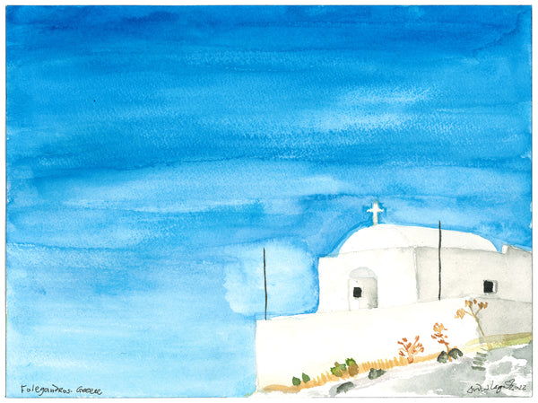 The Church of Panagia, Folegrandos, Greece, 2022. Original Watercolour by Andrew Logan