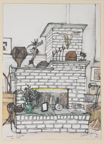 ORIGINAL WATERCOLOUR OF MARC'S FIREPLACE - BY ANDREW LOGAN 1992