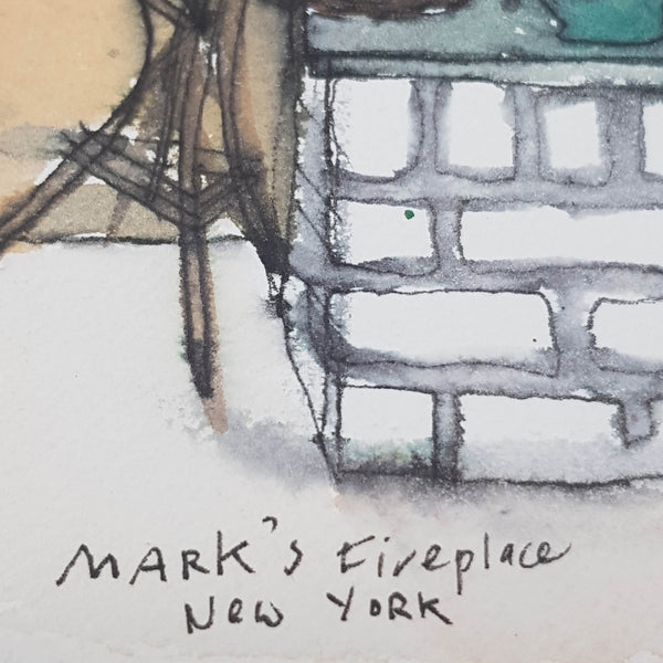 ORIGINAL WATERCOLOUR OF MARC'S FIREPLACE - BY ANDREW LOGAN 1992