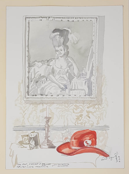 ORIGINAL WATERCOLOUR OF THE PAST, PRESENT AND THE RED HAT - BY ANDREW LOGAN 2003